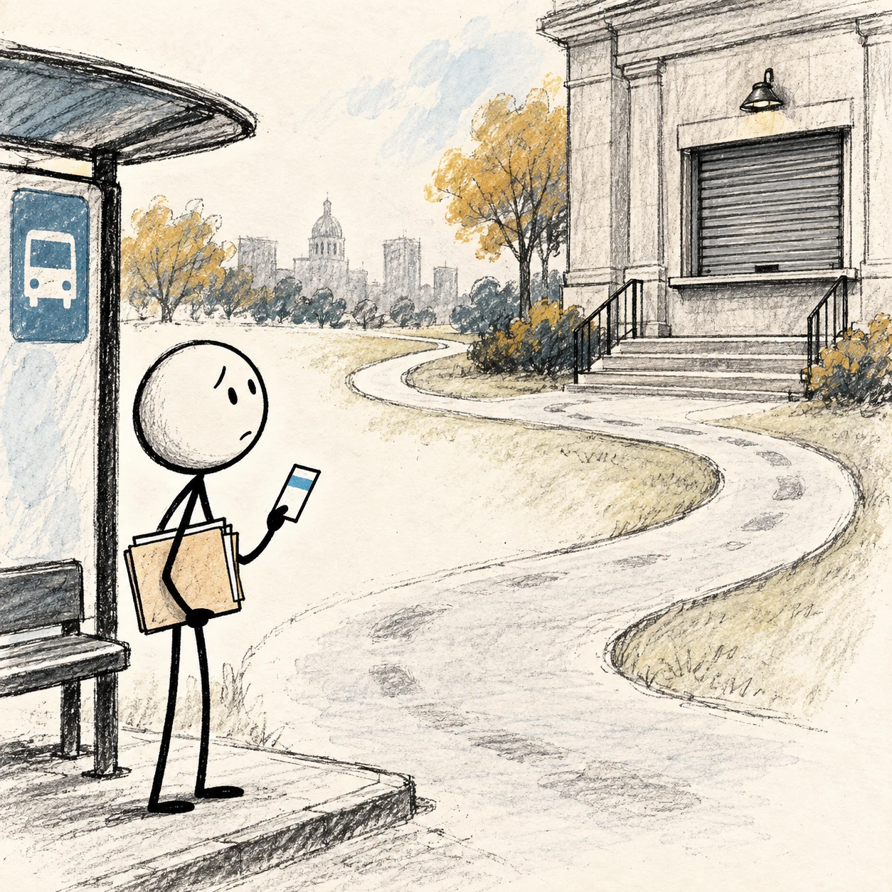 Hypothetical consequence: a stick character waits at a bus stop holding a folder after an unsuccessful office visit.