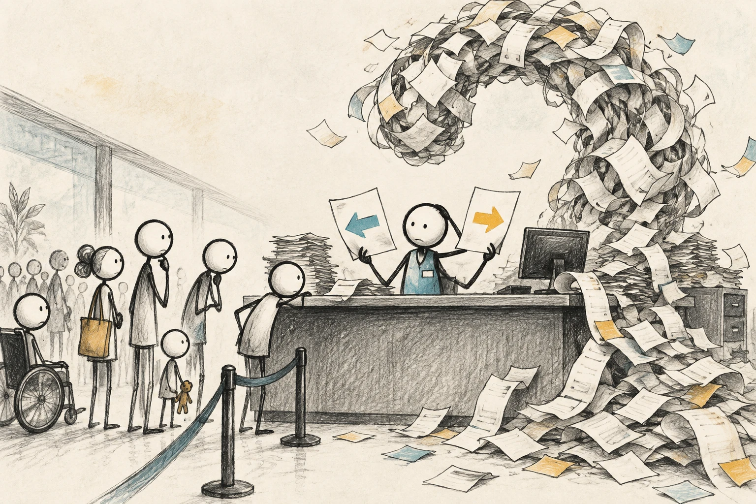 Visual metaphor: a clerk holds conflicting instructions as an exaggerated paper tangle blocks the counter and people wait.