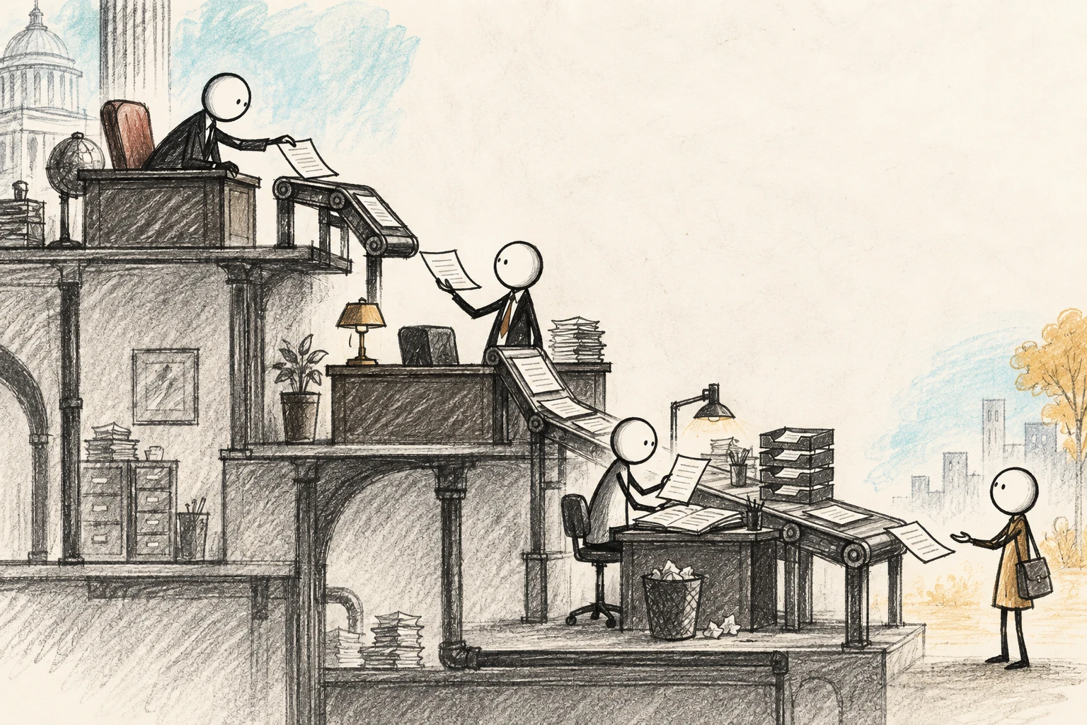 Visual metaphor: an instruction travels along a paper conveyor from an official through a manager to a service clerk.