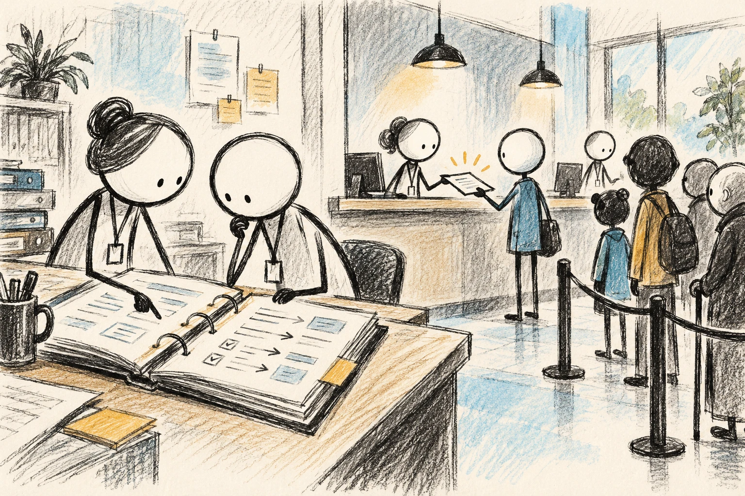 Conceptual recovery scene: a supervisor helps clarify instructions while a separately staffed counter serves waiting visitors.
