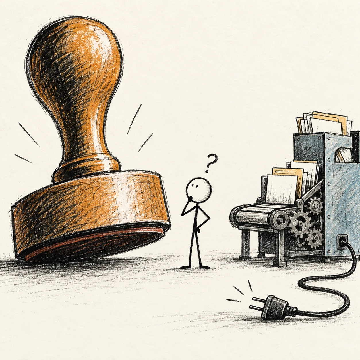 Visual metaphor: a huge rubber stamp stands beside tiny disconnected machinery.