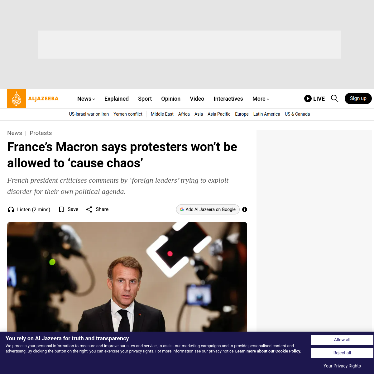 Source image from Al Jazeera: France’s Macron says protesters won’t be allowed to cause chaos