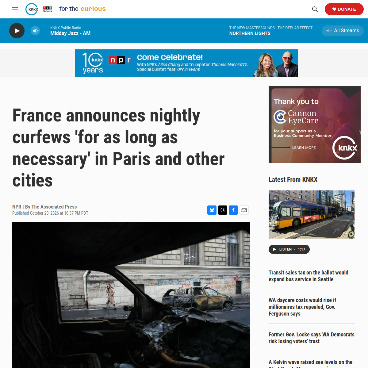 Source image from AP via KNKX / NPR: France announces nightly curfews for as long as necessary in Paris and other cities