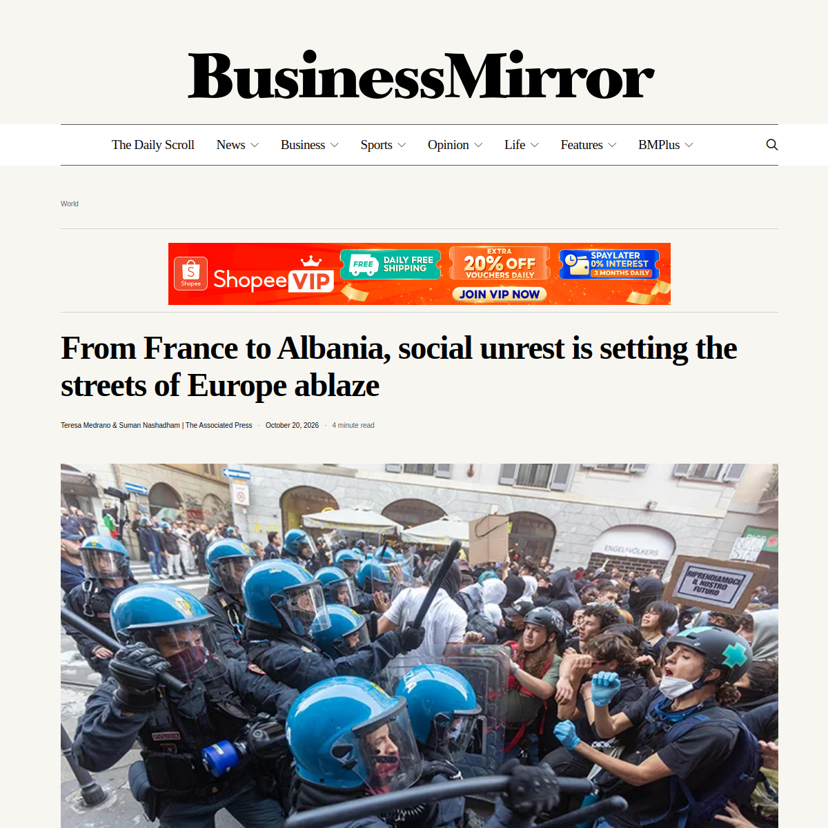Source image from AP via BusinessMirror: From France to Albania, social unrest is setting the streets of Europe ablaze
