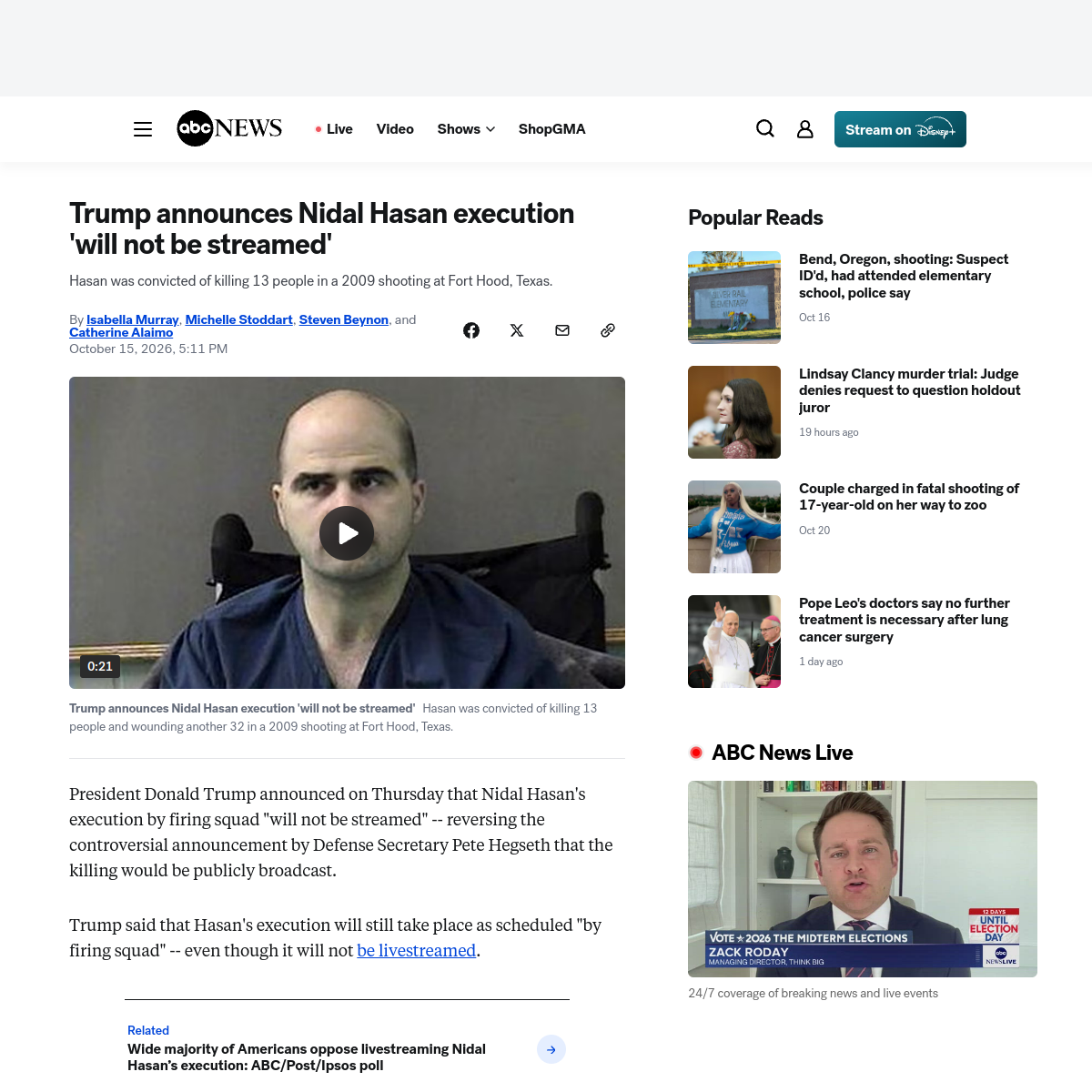 Source image from ABC News: Trump announces Nidal Hasan execution will not be streamed
