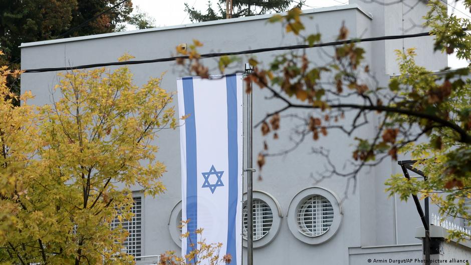 The exterior of the Israeli Embassy in Belgrade, with its flag visible.