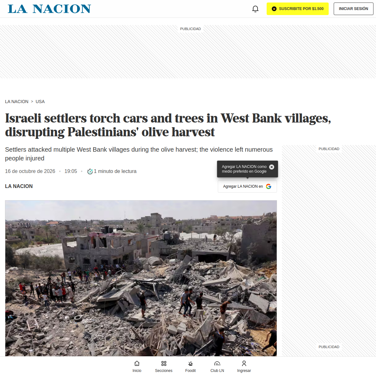 Source image from La Nación: Israeli settlers torch cars and trees in West Bank villages, disrupting Palestinians’ olive harvest