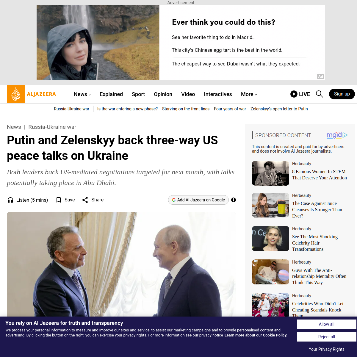 Source image from Al Jazeera / AFP / Reuters: Putin and Zelenskyy back three-way US peace talks on Ukraine