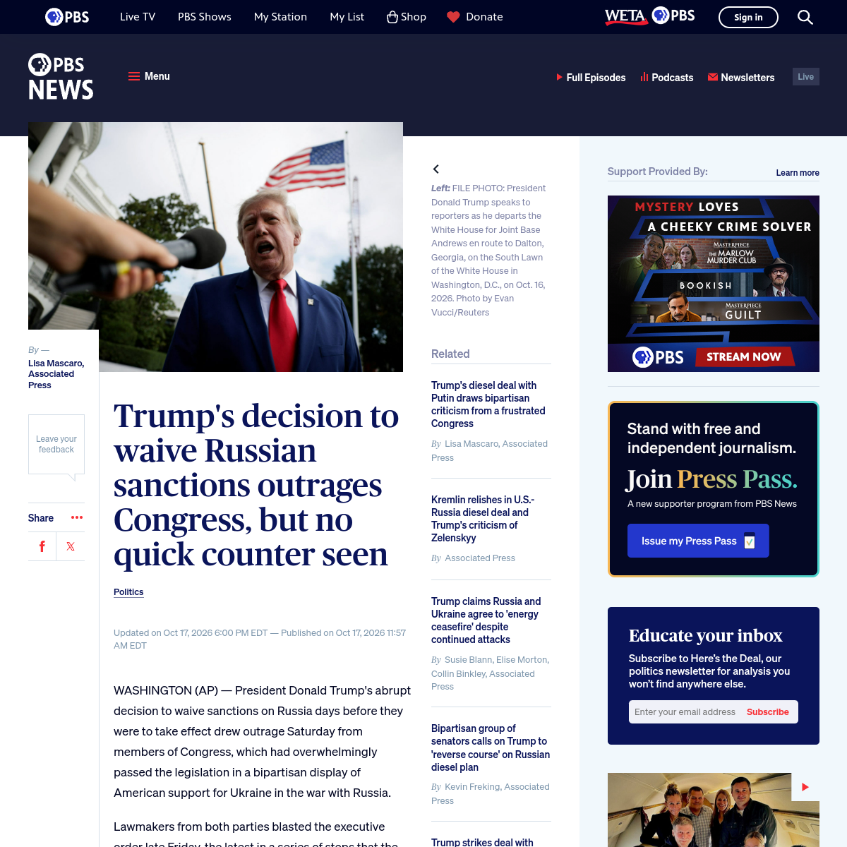 Source image from AP via PBS NewsHour: Trump’s decision to waive Russian sanctions outrages Congress, but no quick counter seen