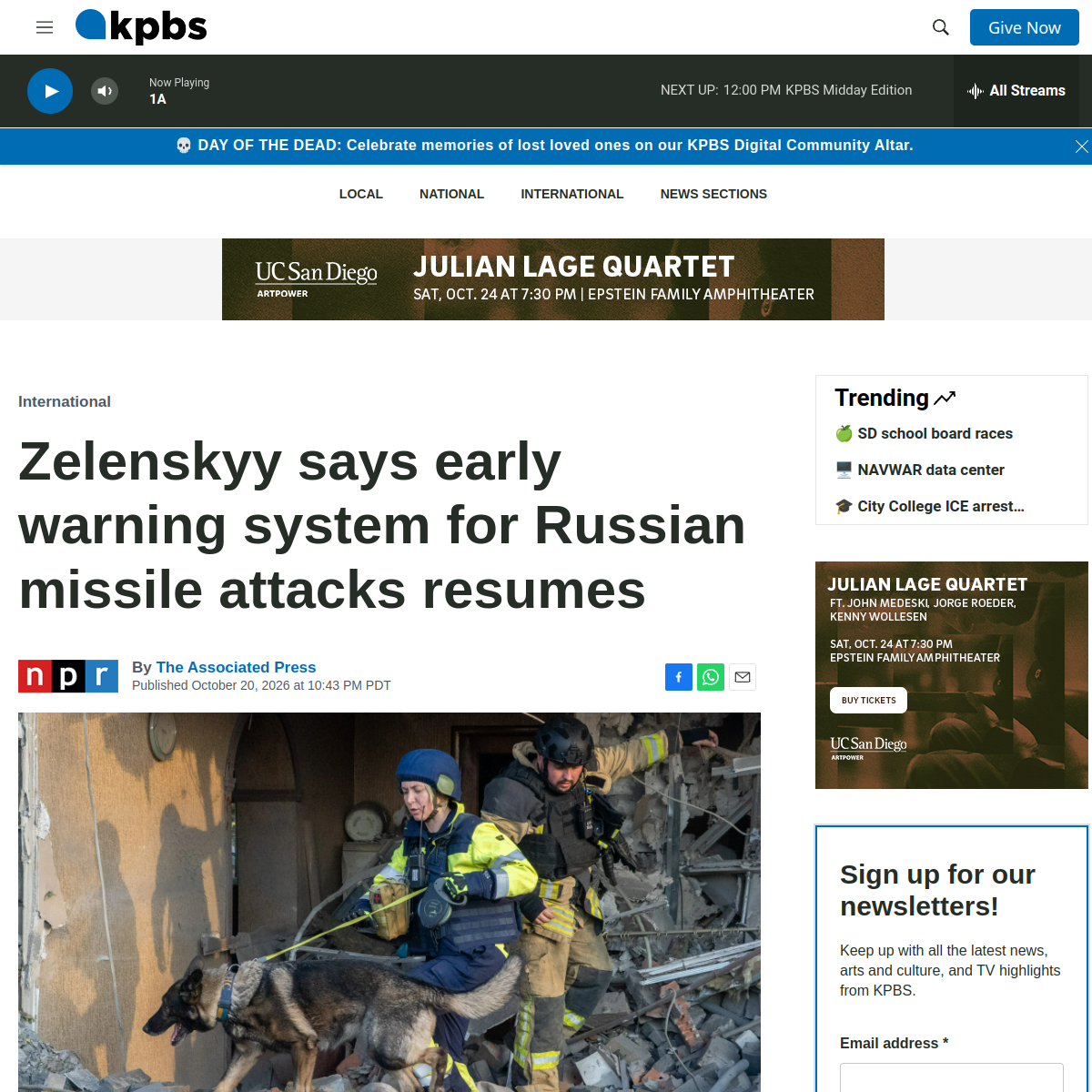 Source image from AP via KPBS: Zelenskyy says early warning system for Russian missile attacks resumes