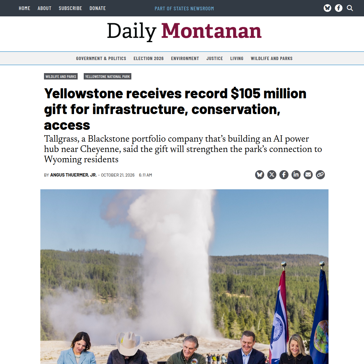 Source image from Daily Montanan / WyoFile: Yellowstone receives record $105 million gift for infrastructure, conservation, access